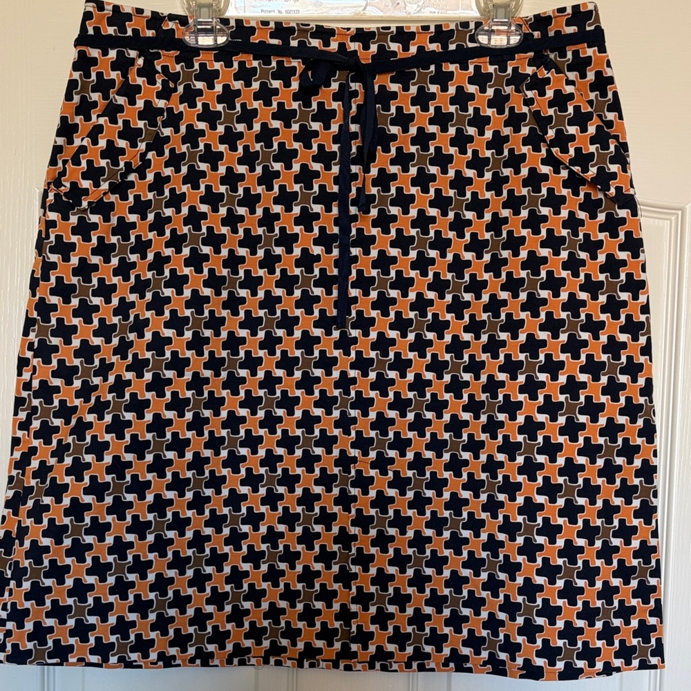 Talbots A-Line Skirt in Navy and Orange puzzle piece Pattern stretch sz 16